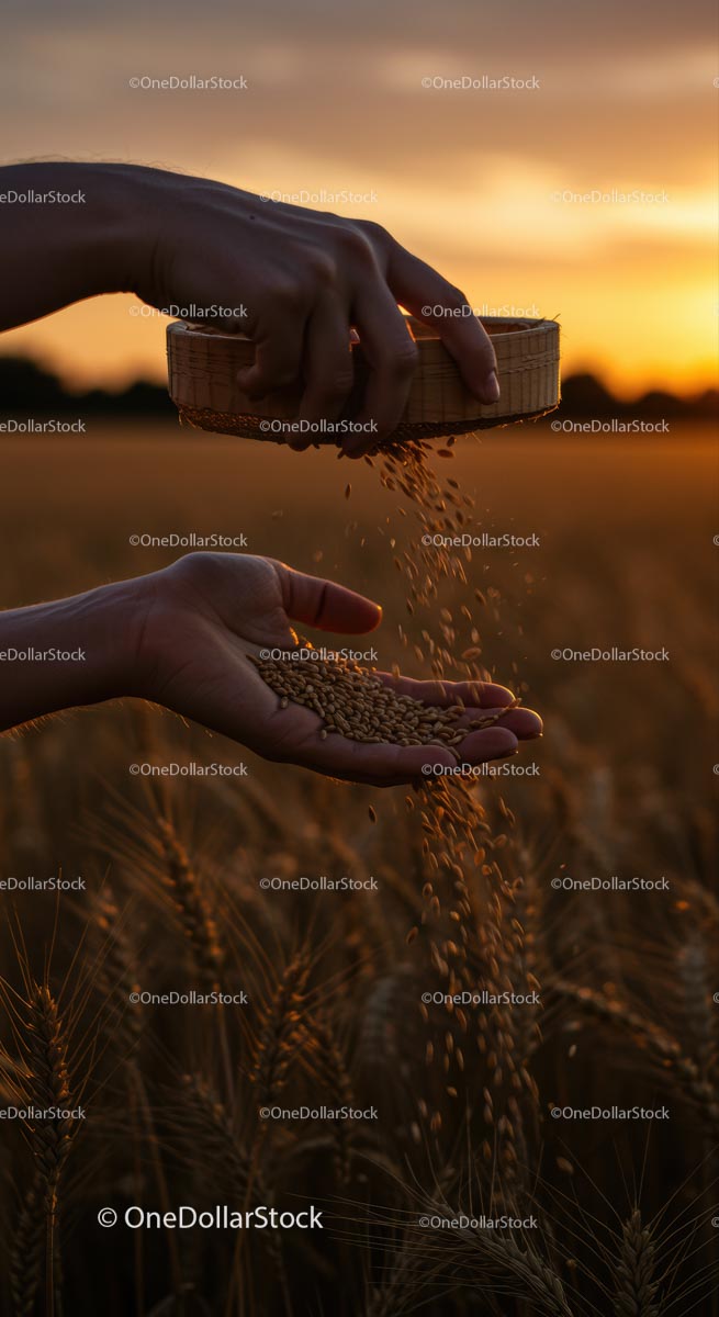 Sifting Wheat Grains at Golden Sunset