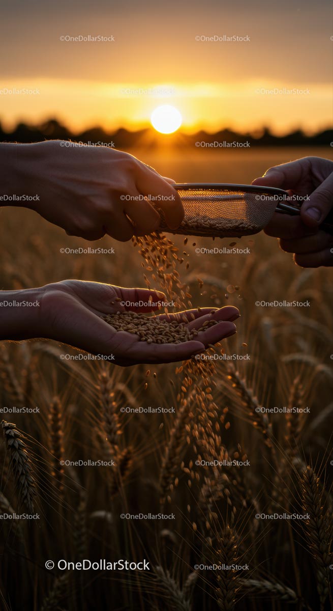 Hands Sifting Wheat Grains at Sunset in Golden Field