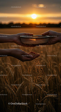 Golden Wheat Field at Sunset with Hands Sifting Grains