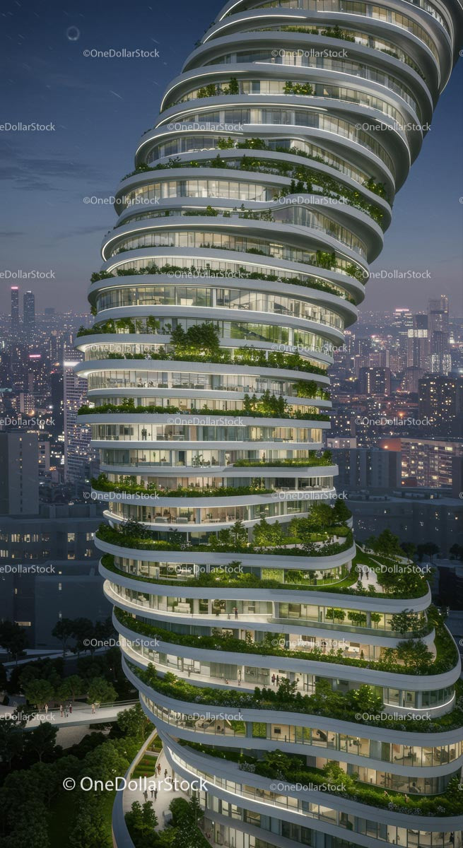 Futuristic Skyscraper with Lush Vertical Gardens at Night