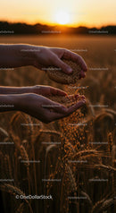 Hands Holding Wheat Grains at Sunset in a Golden Field
