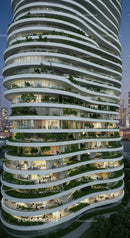 Eco-Friendly Modern High-Rise with Vertical Gardens at Dusk