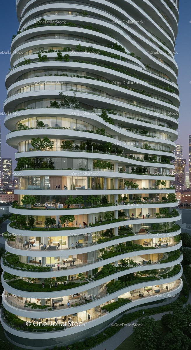 Eco-Friendly Modern High-Rise with Vertical Gardens at Dusk