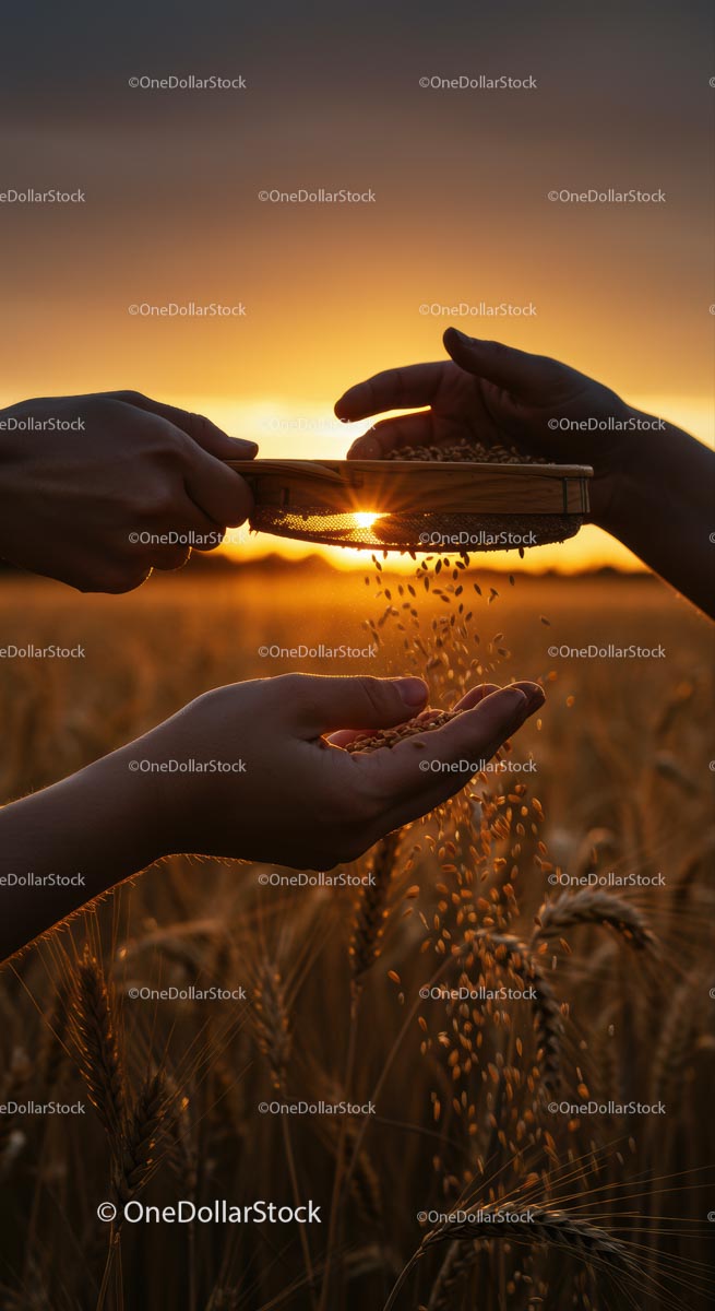 Hands Sifting Wheat Grains at Sunset in Golden Field