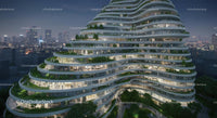 Futuristic Green Building in Night Cityscape
