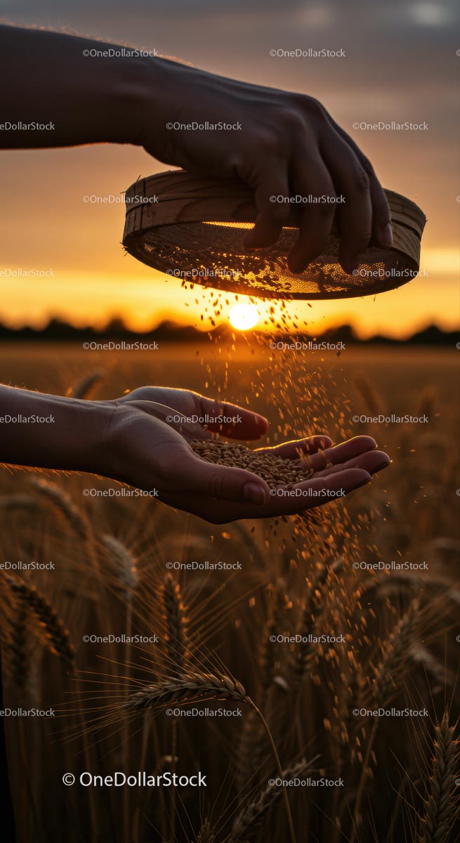 Hands Sifting Grains in Golden Wheat Field at Sunset