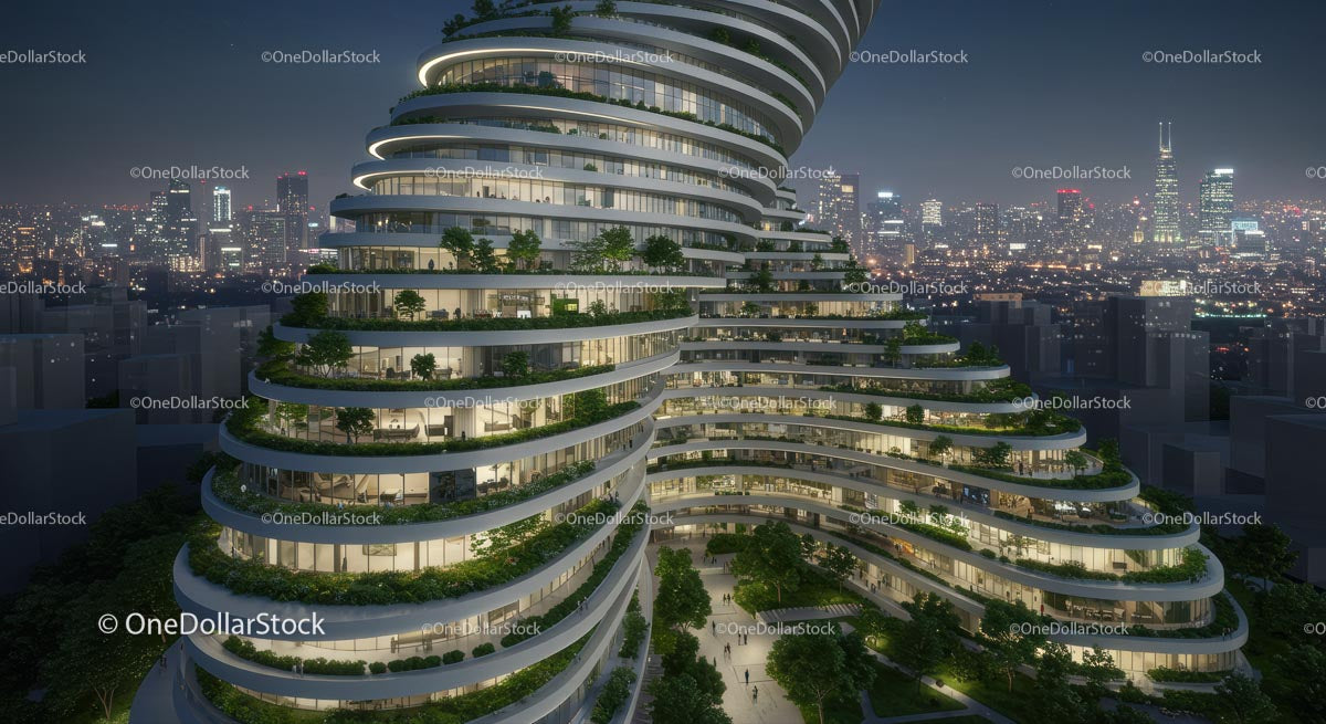 Sustainable Skyscraper with Lush Green Terraces at Night