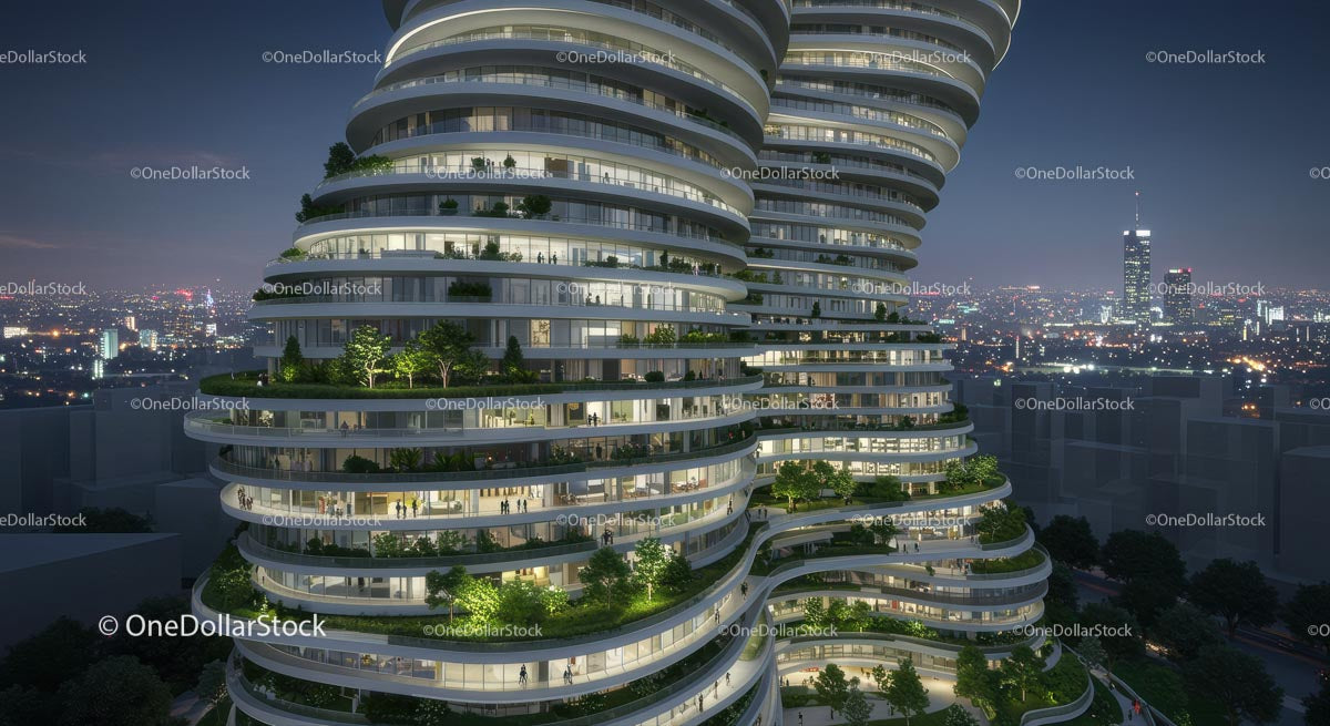 Innovative Green Terraced Skyscraper at Night