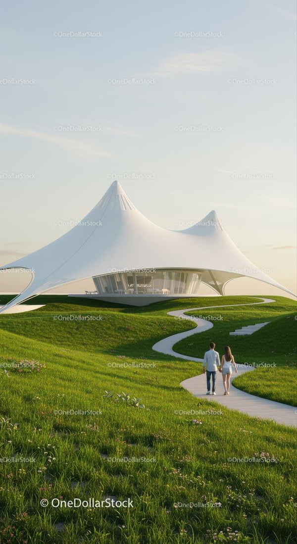 Futurystyczny Pawilon Pośród Zielonych Wzgórz z Spacerującą Parą