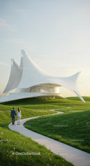 Futuristic Structure on a Green Landscape at Sunset