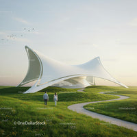 Futuristic White Structure in Green Landscape