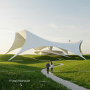 Futuristic White Structure in Lush Green Landscape