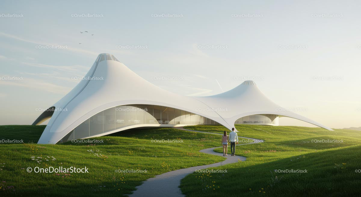 Futurystyczny biały budynek na zielonym krajobrazie z parą spacerującą