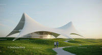 Futuristic White Structure Amidst Green Fields