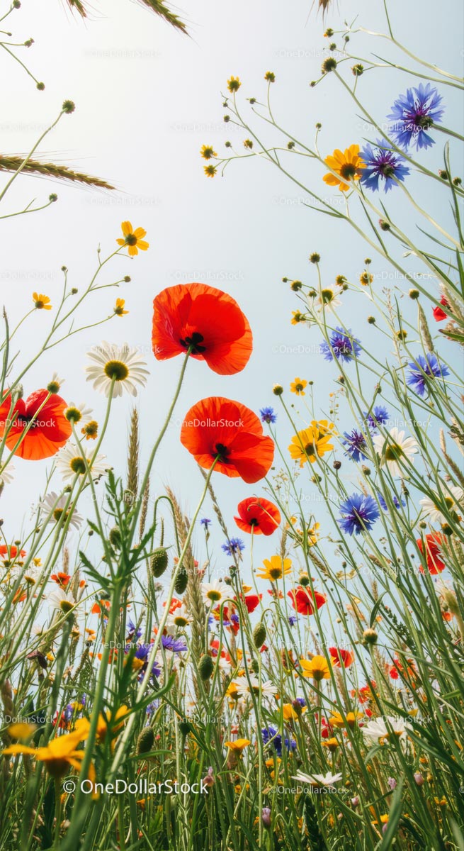 Colorful Wildflower Meadow with Red Poppies and Blue Cornflowers