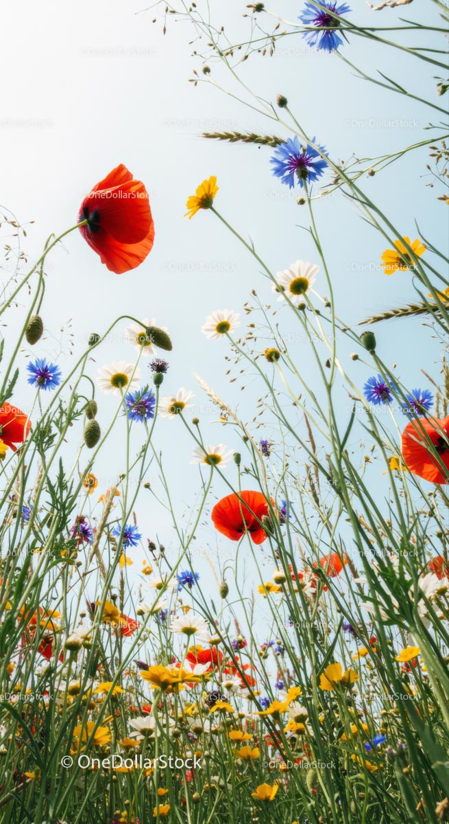 Colorful Wildflower Meadow with Poppies and Daisies Under Blue Sky