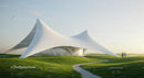 Futuristic White Pavilion in Open Landscaped Field