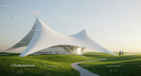 Futuristic White Pavilion in Open Landscaped Field