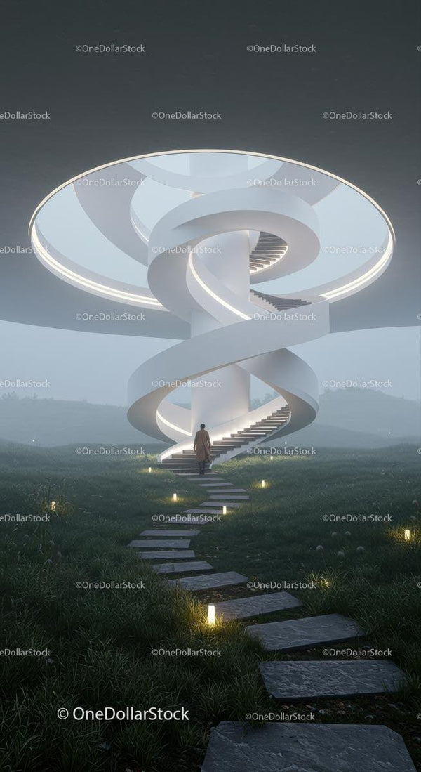 Futurystyczne spiralne schody w mglistym krajobrazie