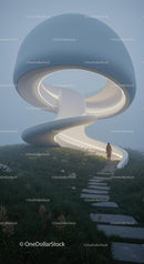 Futuristic Spiral Walkway in a Misty Landscape