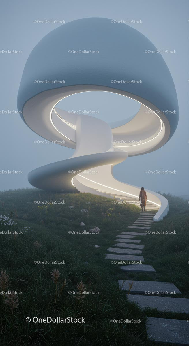 Futuristic Spiral Walkway in a Misty Landscape