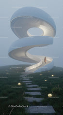 Futuristic Spiral Staircase in Misty Meadow