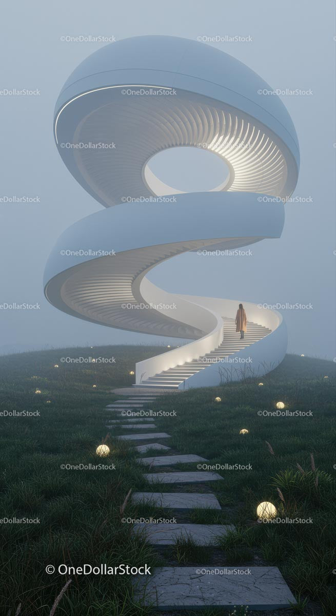Futuristic Spiral Staircase in Misty Meadow