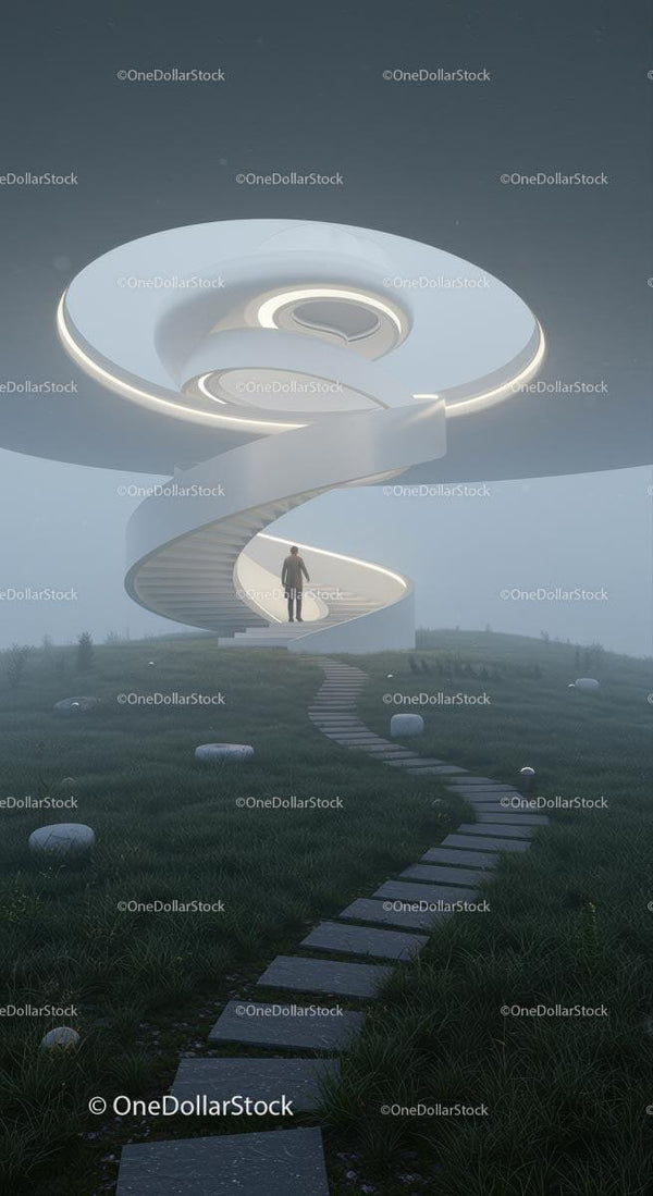 Futurystyczna spiralna klatka schodowa w mglistym krajobrazie