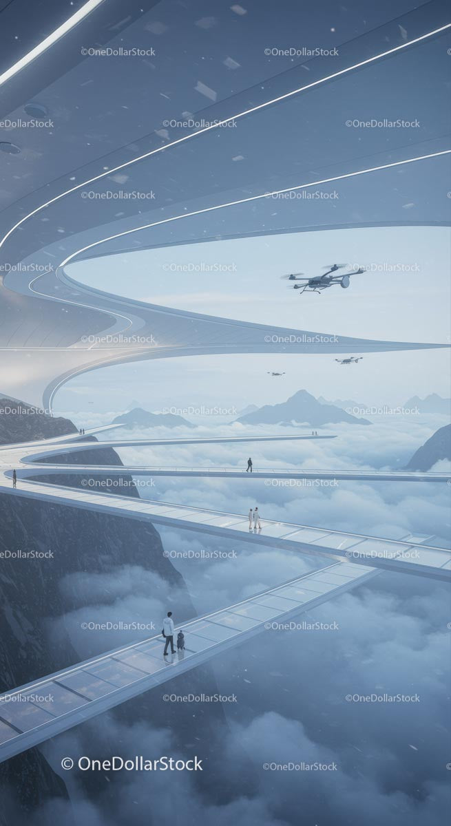 Futuristic Sky Bridges and Drones Over Mountains