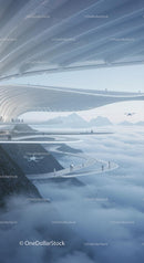 Futuristic Elevated Walkway Amidst Clouds and Mountains