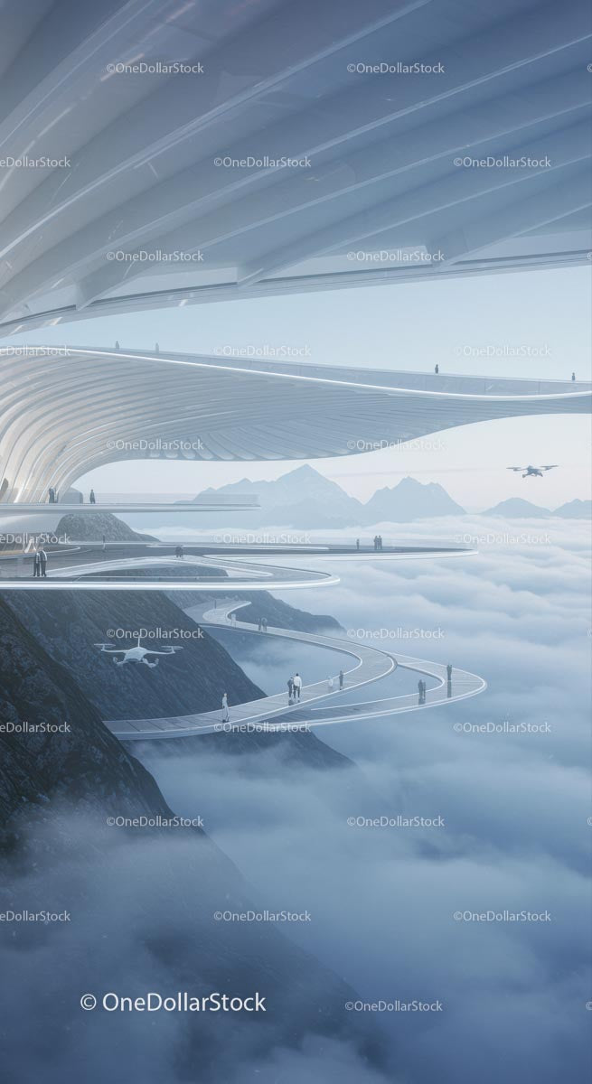 Futuristic Elevated Walkway Amidst Clouds and Mountains