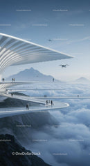 Futuristic Sky Bridge Above the Clouds with Scenic Mountain View