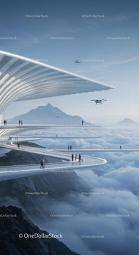 Futuristic Sky Bridge Above the Clouds with Scenic Mountain View