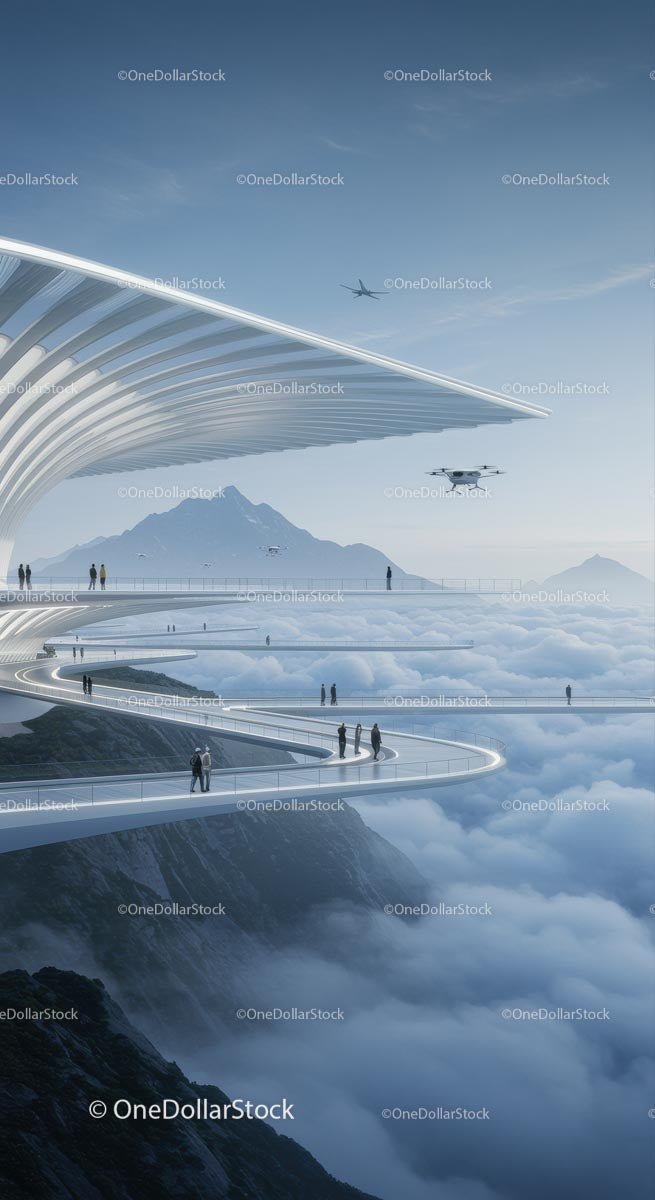 Futuristic Sky Bridge Above the Clouds with Scenic Mountain View
