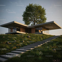 Modern Concrete Home with Glass Walls and Tree on Hill