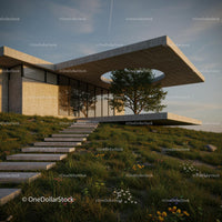 Modern Concrete House with Nature Integration and Sunset Glow