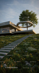 Modern Hillside House with Tree Sculpture and Stairs