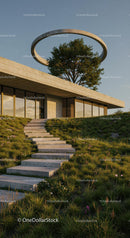 Modern Concrete Building with Rooftop Tree and Greenery