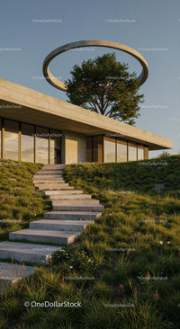 Modern Concrete Building with Rooftop Tree and Greenery