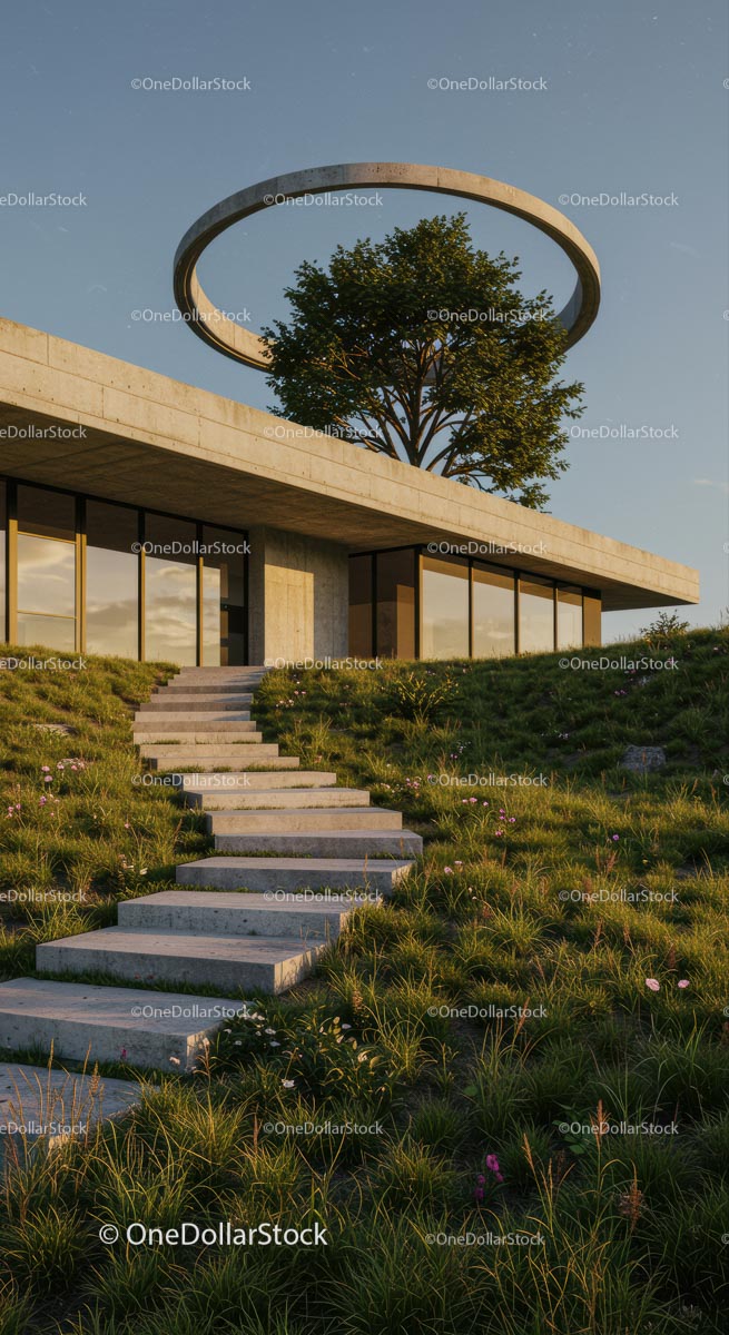 Modern Concrete Building with Rooftop Tree and Greenery