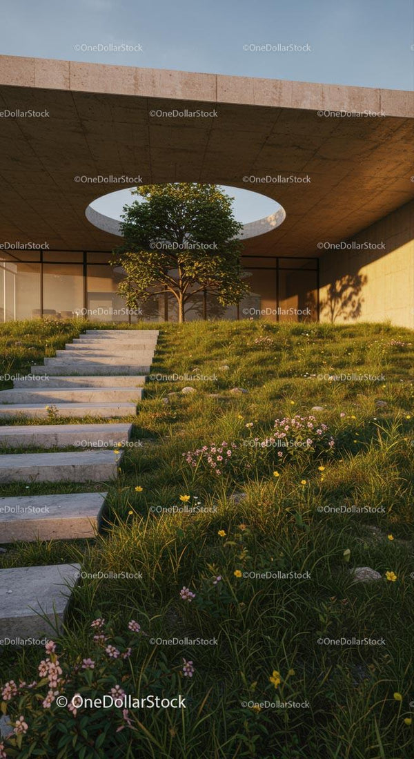 Nowoczesna architektura z otwartym dachem i bujnym ogrodem