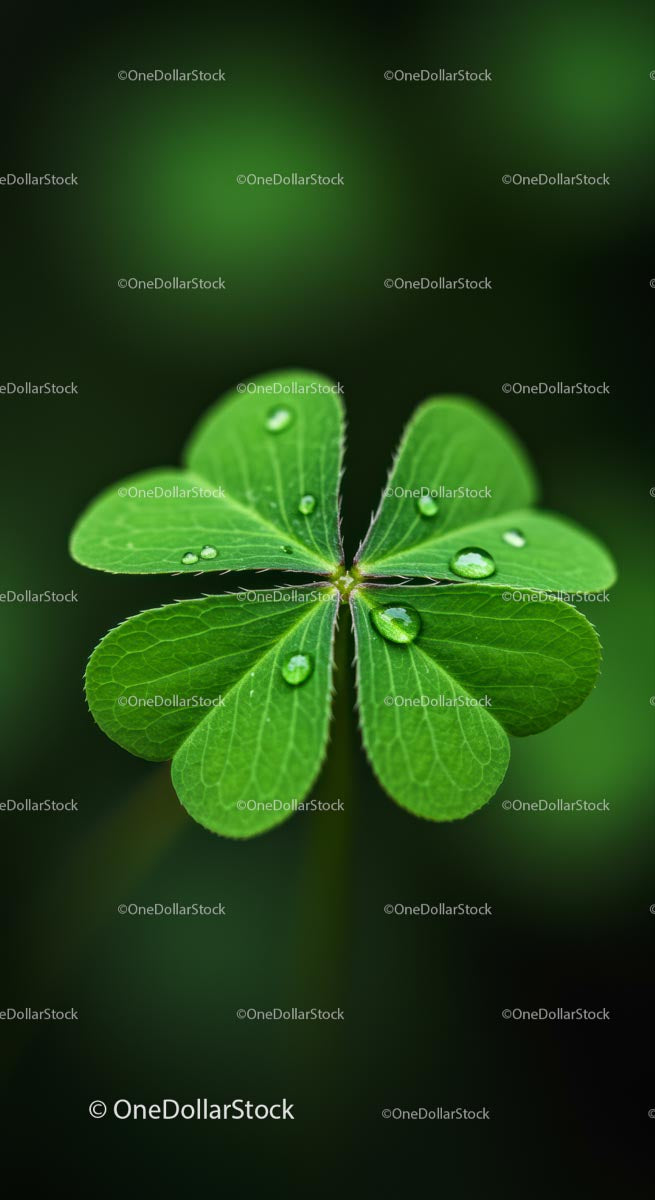 Close-Up of Four-Leaf Clover with Dew Drops