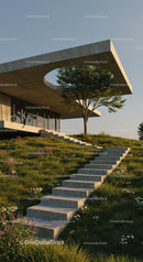 Modern Concrete House with Green Lawn and Stone Steps