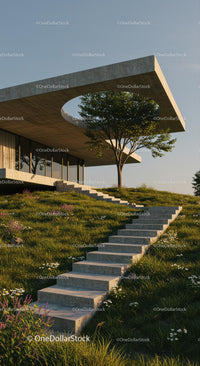 Modern Concrete House with Green Lawn and Stone Steps