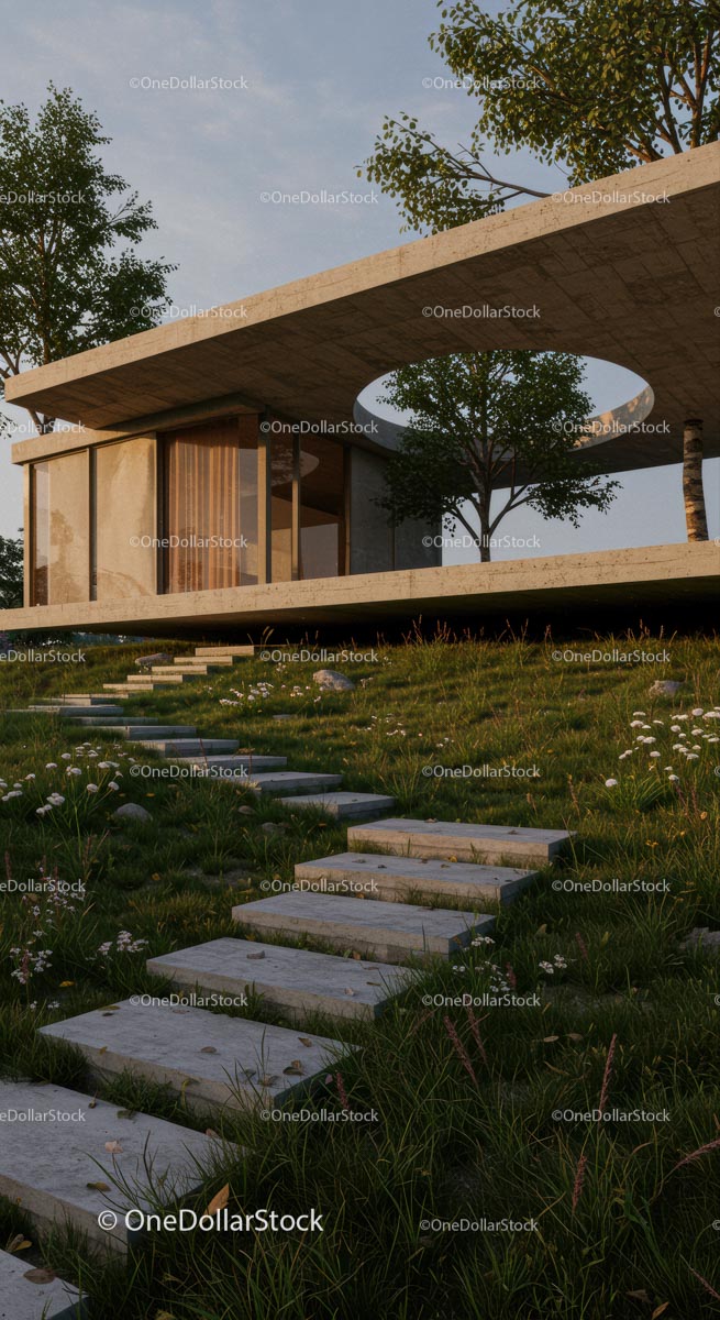 Modern Concrete House Surrounded by Lush Greenery