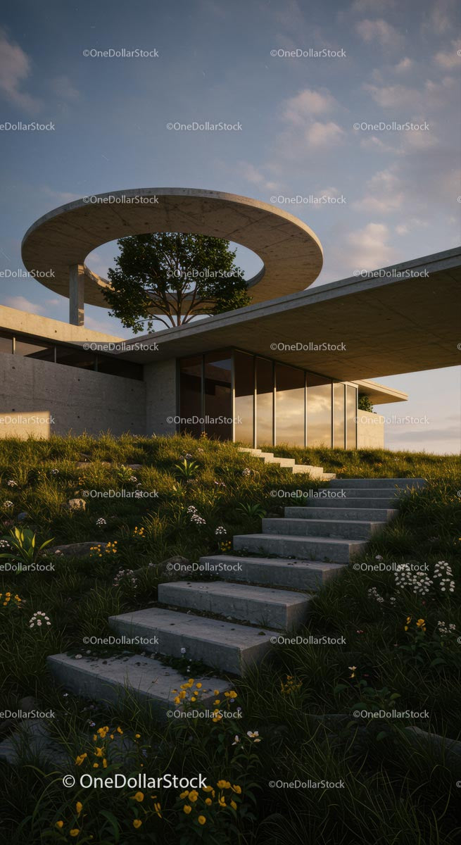 Nowoczesna architektura betonowa z malowniczym krajobrazem