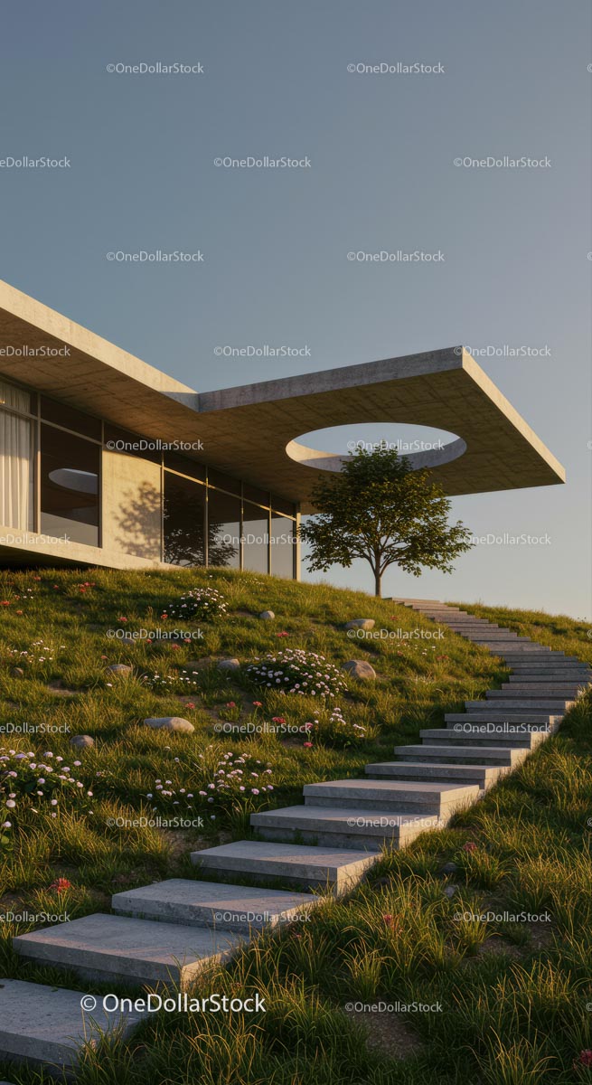 Modern Concrete Building with Green Landscape and Stone Steps