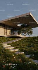 Modern Concrete House with Green Landscape and Tree