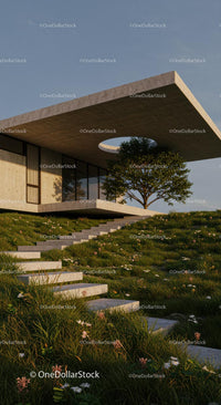 Modern Concrete House with Green Landscape and Tree