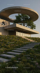 Modern Concrete Building with Circular Roof and Greenery